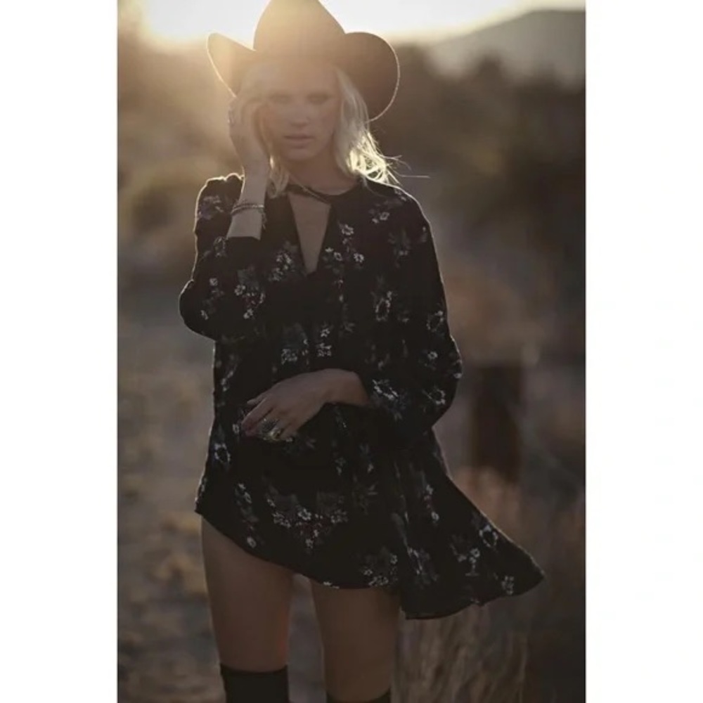 Free People Cloverfield Black Floral Tunic